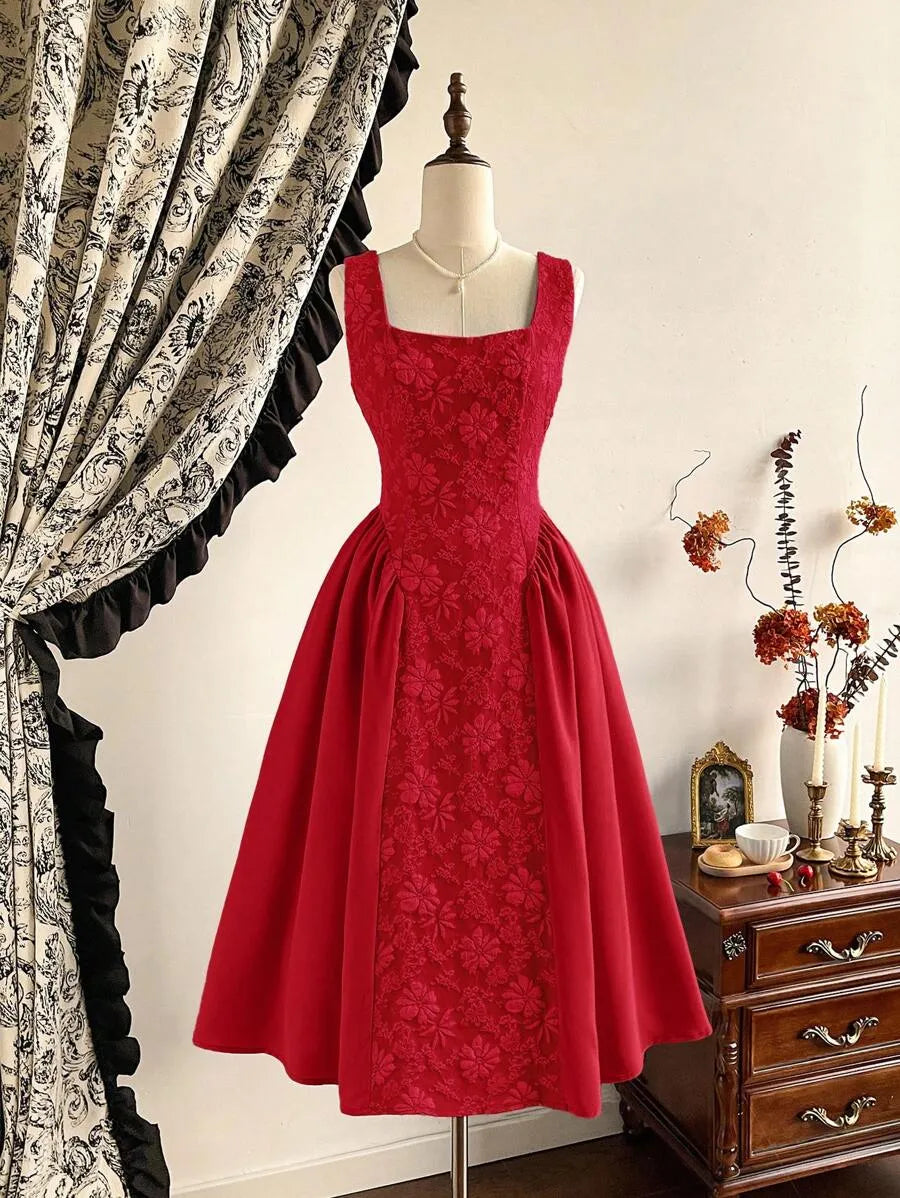 SHEIN Vintamour فستان بلون الأحمر منتصف الطول بدون أكمام بخصر عالي
