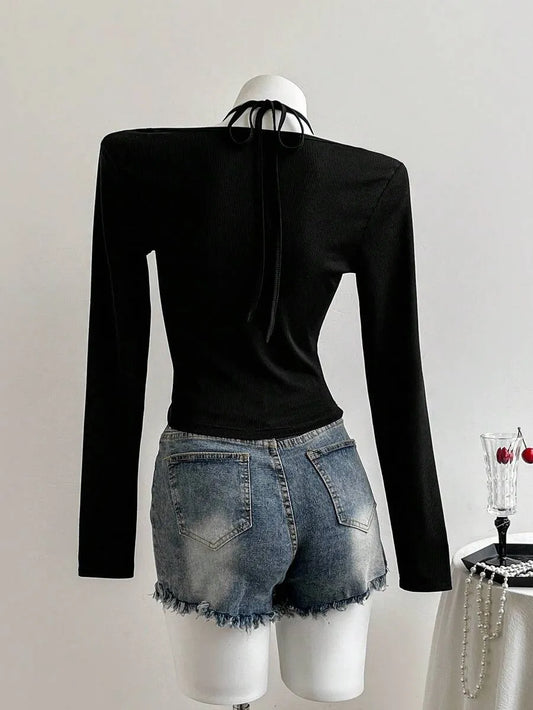 SHEIN Elamini بلوزة  نسائية دانتيل وتريكو بأكمام طويلة