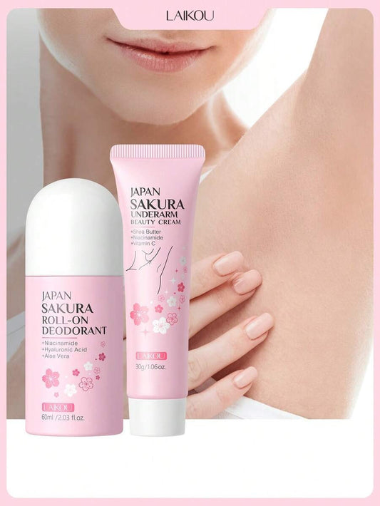 LAIKOU مجموعة لتفتيح وترطيب الجسم كريم الإبط + مزيل العرق بالكرز