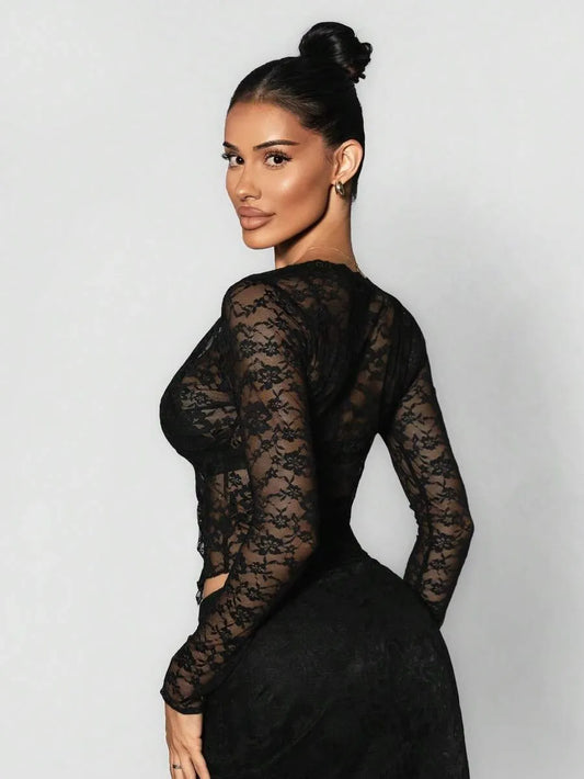 SHEIN Sirith كارديجان نسائي مزخرف بالدانتيل وربطة عنق
