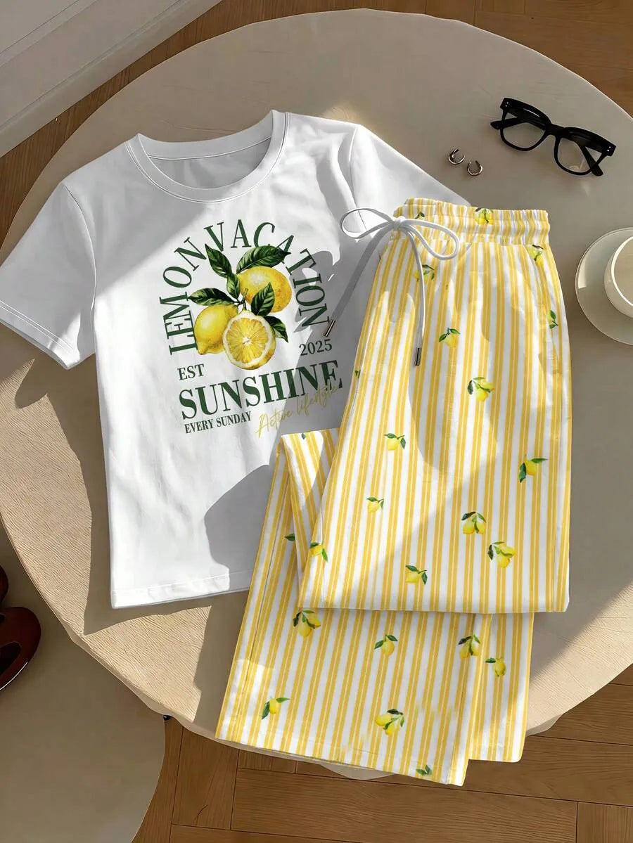SHEIN Comfortcana طقم صيفي مريح للنساء من قطعتين - تيشيرت بطبعة الليمون وبنطلون مقلم