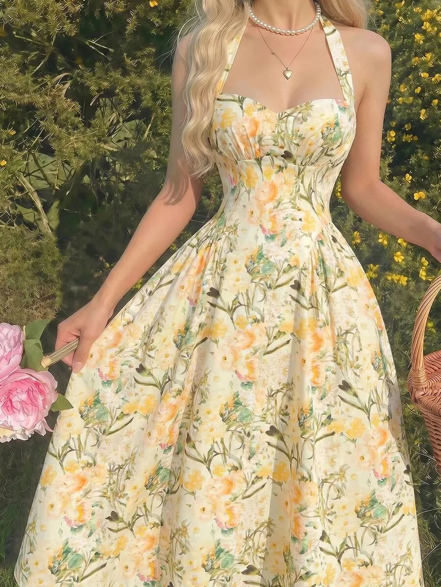 SHEIN MOD فستان طويل بلون أصفر بطبعة زهور صغيرة وياقة رسن وظهر برباط