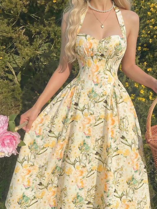 SHEIN MOD فستان طويل بلون أصفر بطبعة زهور صغيرة وياقة رسن وظهر برباط