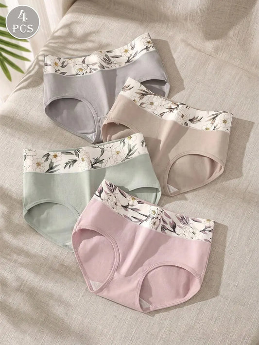 SHEIN سراويل داخلية نسائية من 4 قطع بخصر عالٍ وطبعات مزخرفة متعدد الألوان