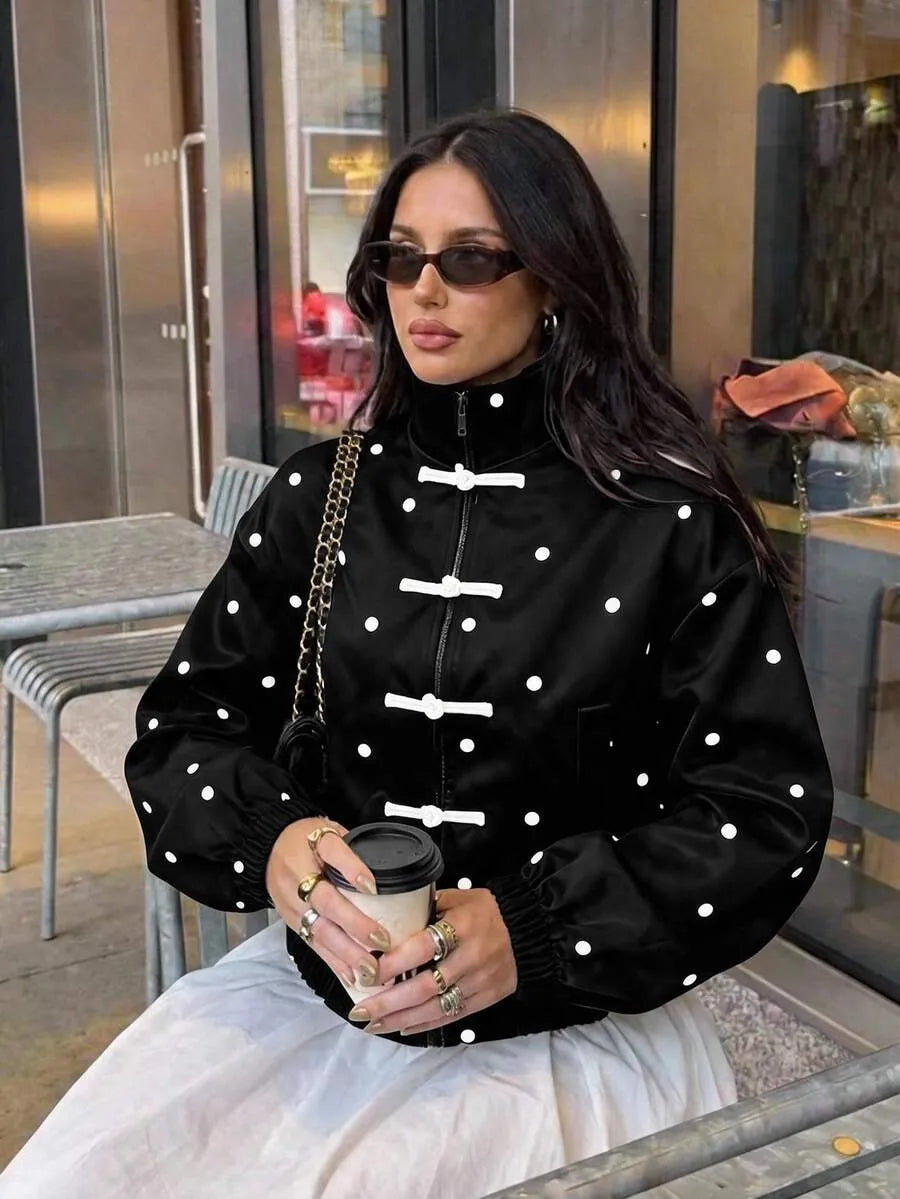 SHEIN Aloruh جاكيت نسائي فضفاض بطابع صيني وطباعة نقاط