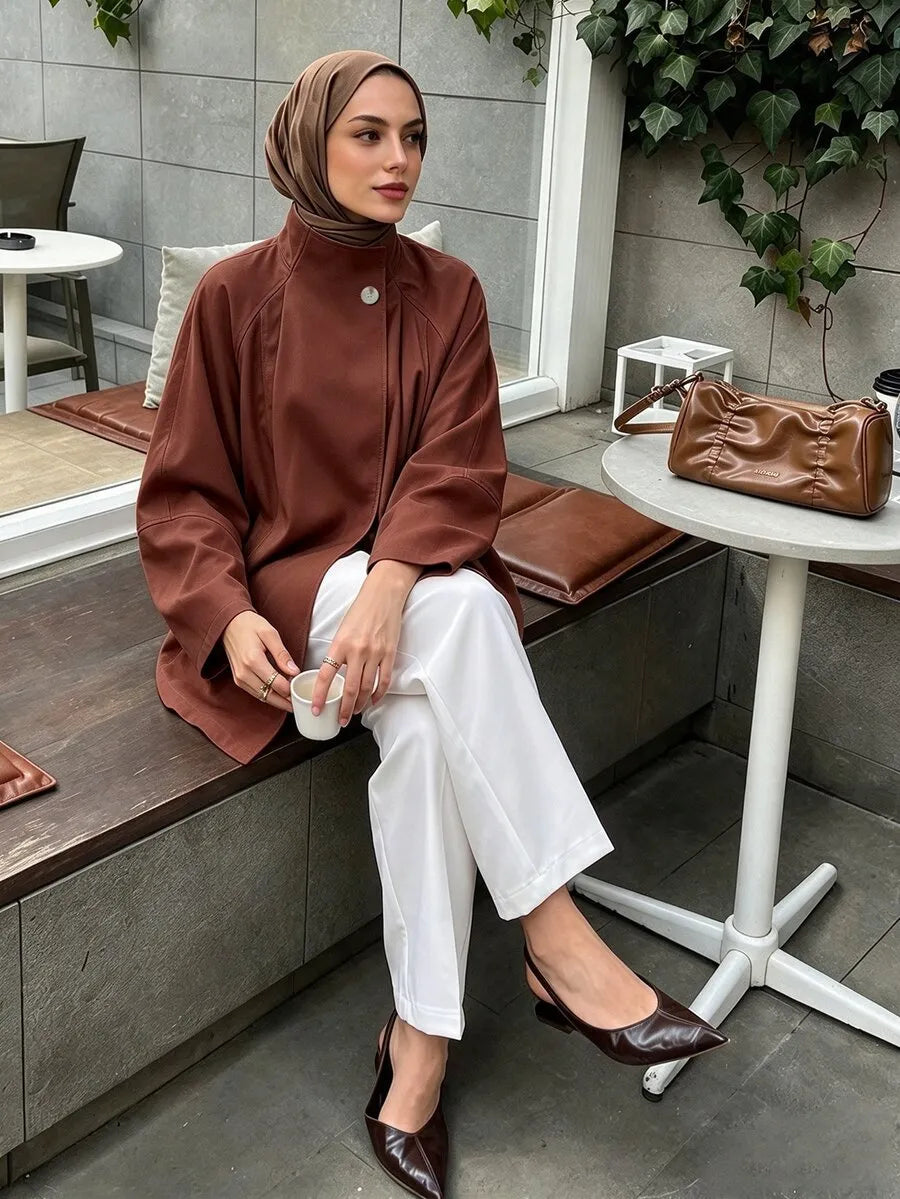 SHEIN Selianne معطف ترنش فضفاض بياقة كبيرة وقصة غير متماثلة بلون بني قهوة