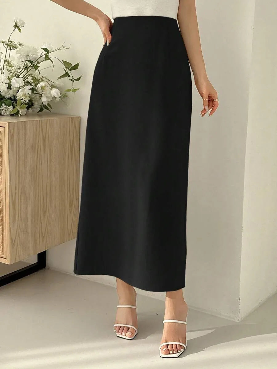SHEIN DAZY تنورة ميد سوداء أنيقة بتصميم ذيل السمكة وشق خلفي