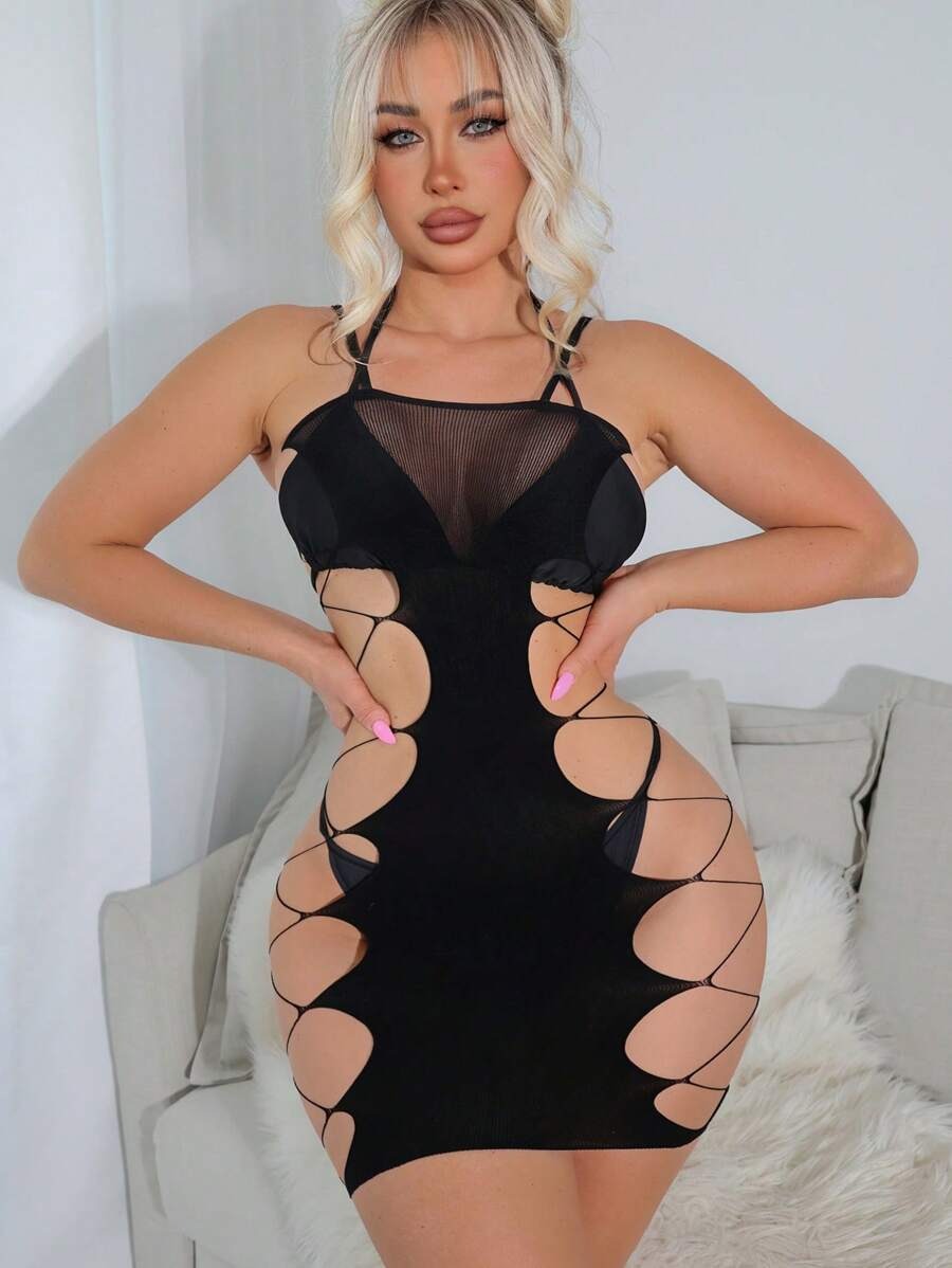 SHEIN ChaseTheNight فستان شبكي شفاف ومثقب لون أسود