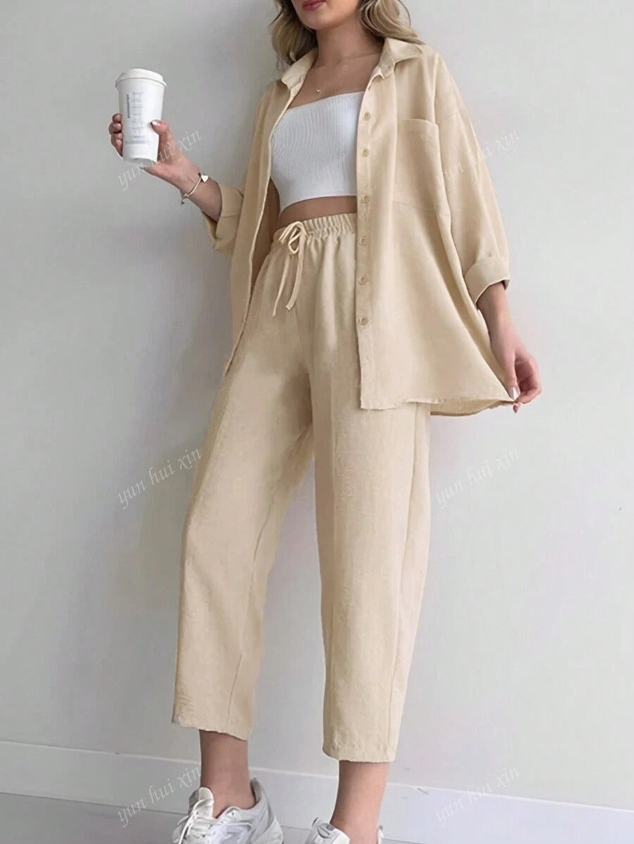 SHEIN  طقم كاجوال ناعم مكون من بلوزة  مع بنطلون واسع برباط خصر بلون مشمشي