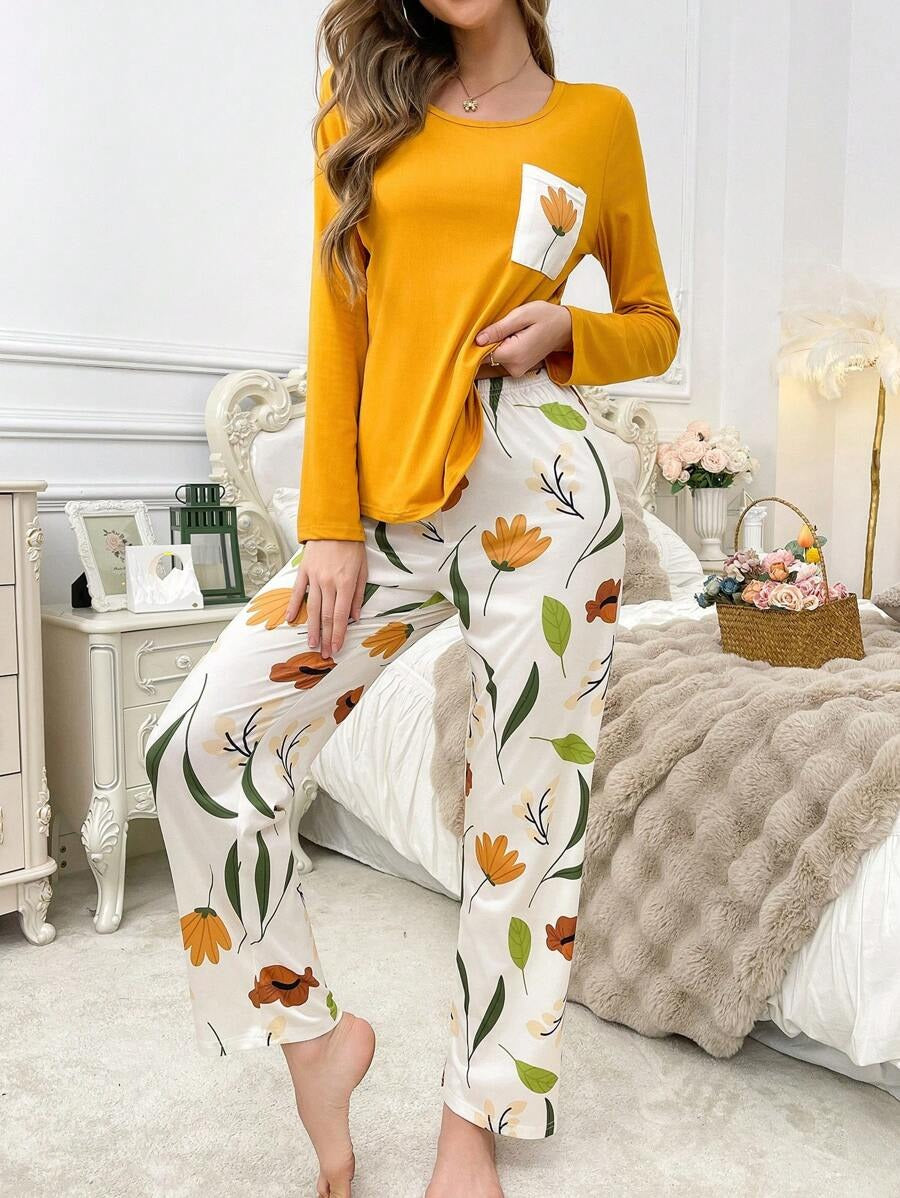 SHEIN طقم بيجامة بأكمام طويلة مطبوع وبنطلون مطبوع