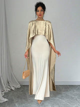 SHEIN Rafferiza فستان سهرة ذهبي ساتان مع شال