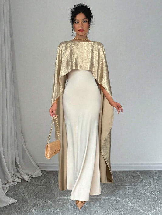 SHEIN Rafferiza فستان سهرة ذهبي ساتان مع شال