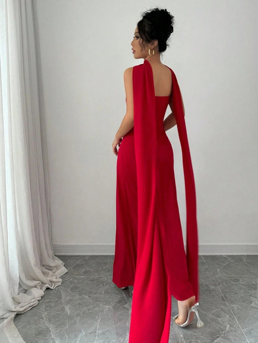 SHEIN Rafferiza فستان أحمر ماكسي طويل مزين بلؤلؤ