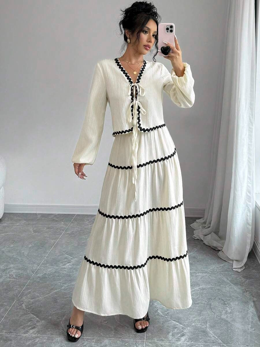 SHEIN Rafferiza طقم فستان بكشكشة أكمام وعقدة فرنسية وتنورة