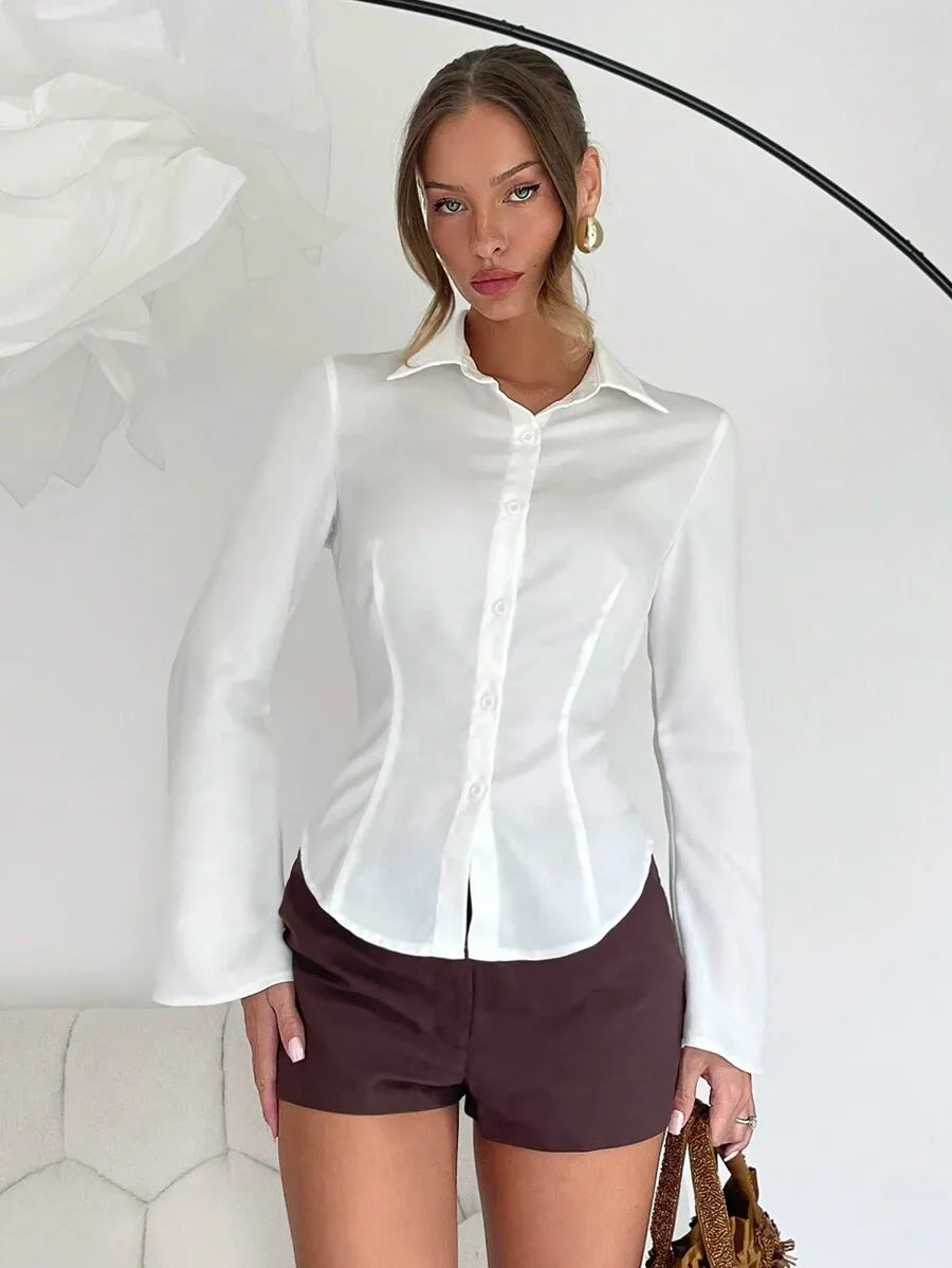 SHEIN Lumivelle قميص نسائي أبيض أنيق بأكمام منسدلة وقصة مخصرة