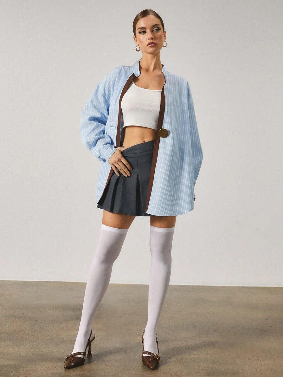 SHEIN Athîral قميص نسائي مخطط بتصميم مائل وطرف بني