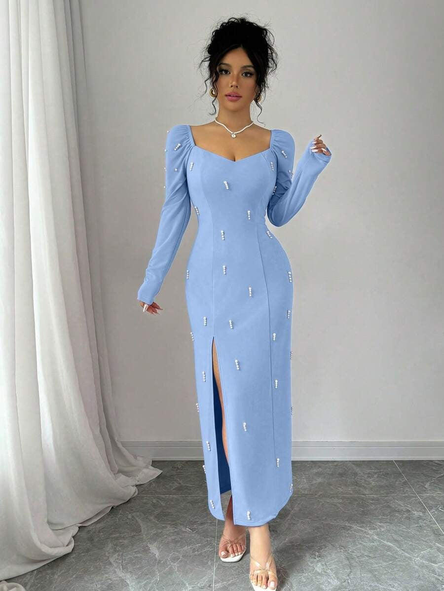 SHEIN فستان أزرق أنيق مزخرف بالخرز وقصة ضيقة