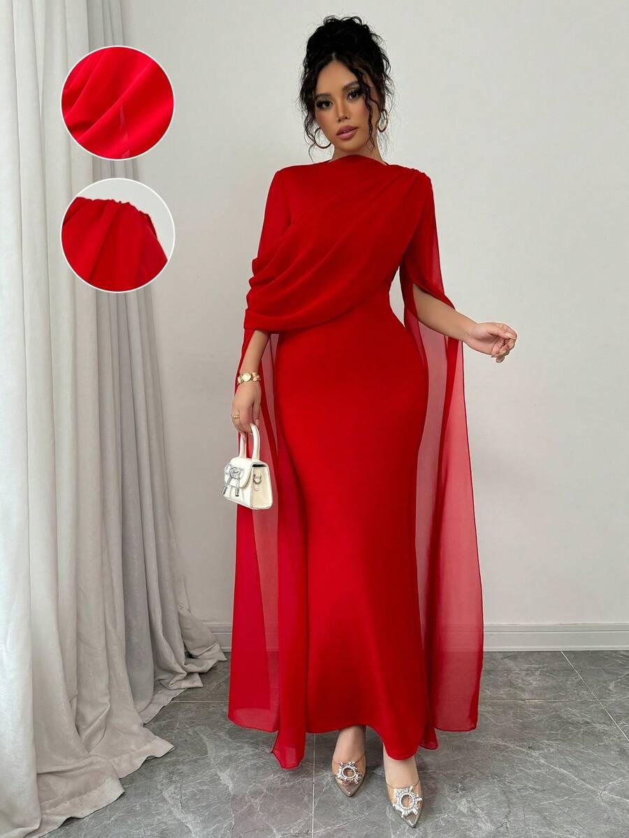 SHEIN Rafferiza فستان سهرة أحمر بكتف منحرف وطيات شفافة بشق أسفل التنورة