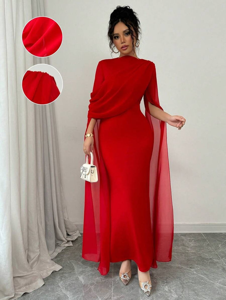 SHEIN Rafferiza فستان سهرة أحمر بكتف منحرف وطيات شفافة