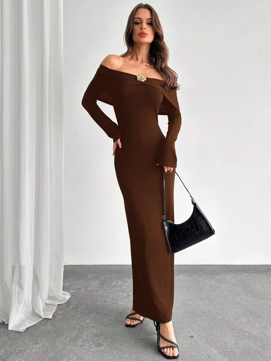 SHEIN Firerie فستان ضيق وأنيق بلون بني