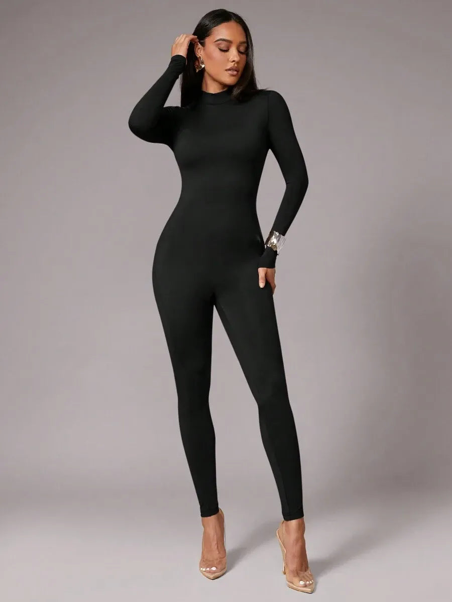SHEIN Silquee جمبسوت نسائي محبوك بياقة مربعة وأكمام طويلة بلون الأسود