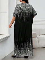 SHEIN فستان كافتان أسود مطبع بأكمام جناح خفاش