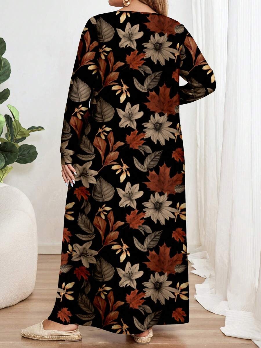 SHEIN فستان بطبعة أوراق خريف بأكمام طويلة وجيوب