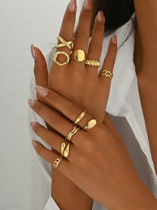 SHEIN مجموعة 10 خواتم ركام على شكل موجة بسيطة