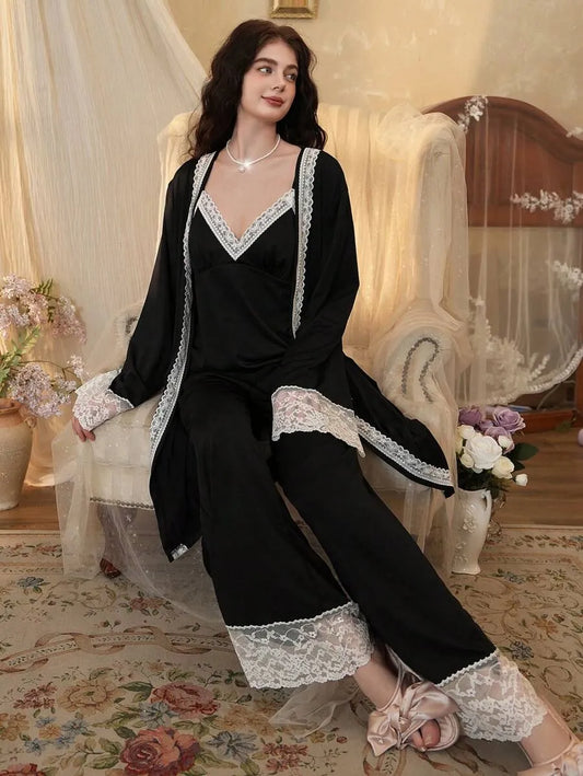 SHEIN Côtesoire طقم بيجامة 3 قطع بلون أسود توب وبنطلون طويل ورداء طويل ودانتيل