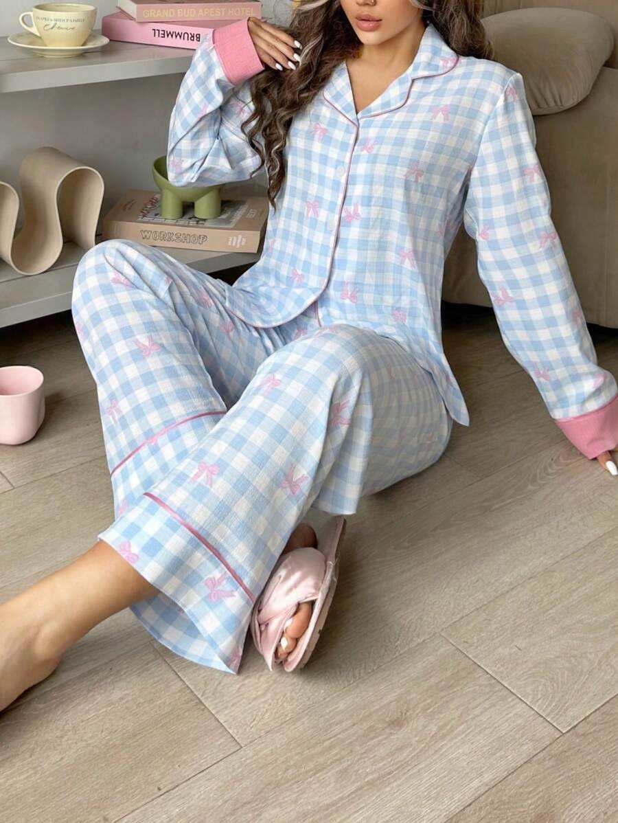 SHEIN طقم بيجامة مربعات بفيونكة