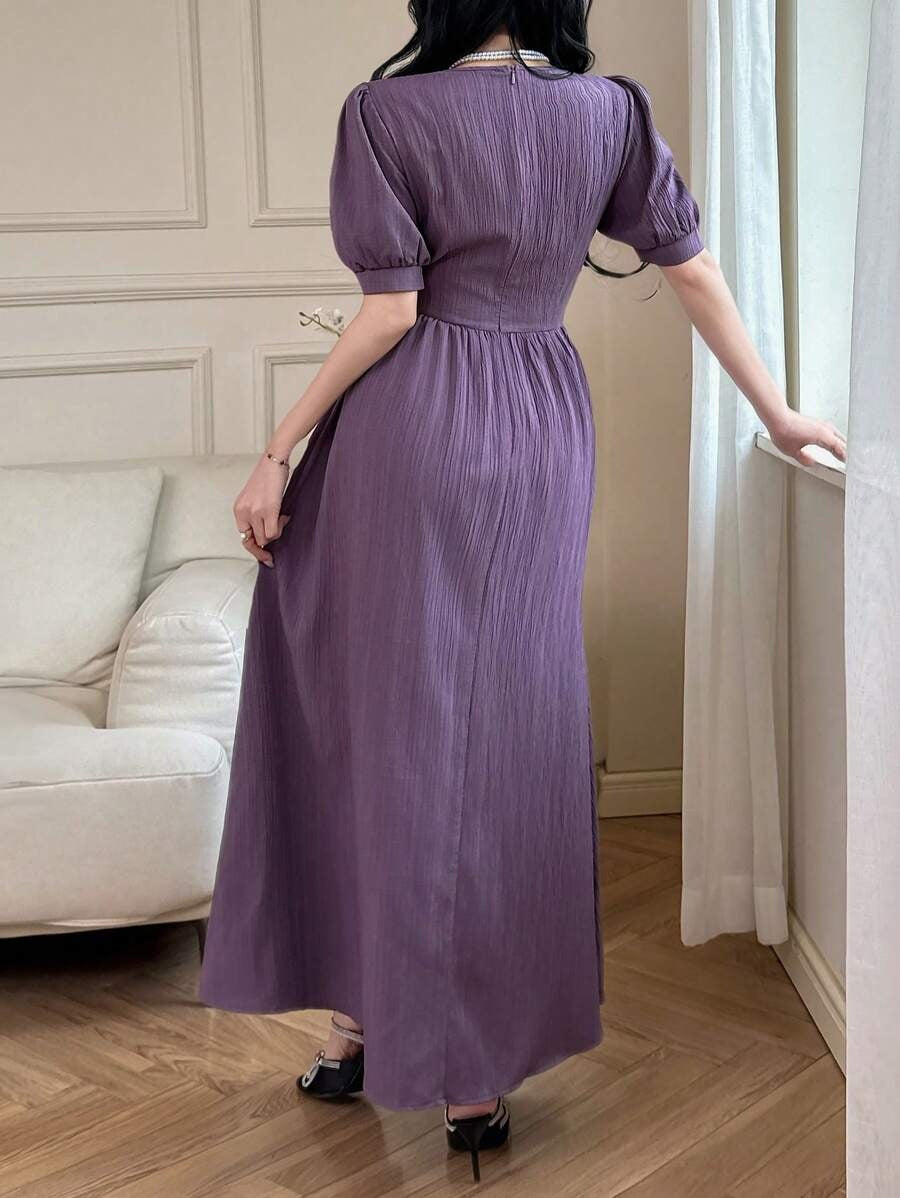 SHEIN Feyla فستان طويل بلون أورجواني وأكمام منتفخة