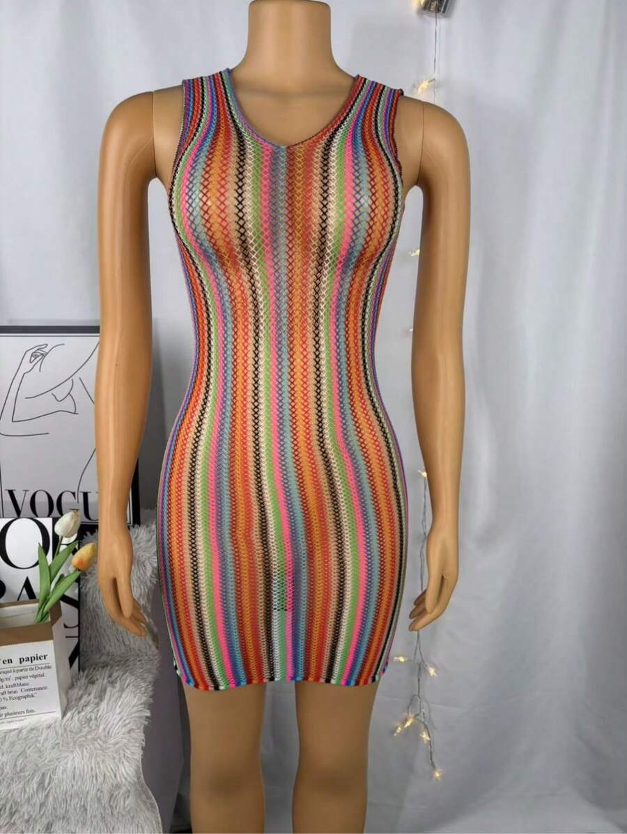 SHEIN Y2K فستان شبكي قصير ملون/ مقاس واحد