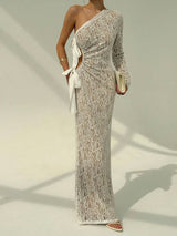 SHEIN Aloruh فستان ابيض طويل كتف واحد مزين برباط وفراشات