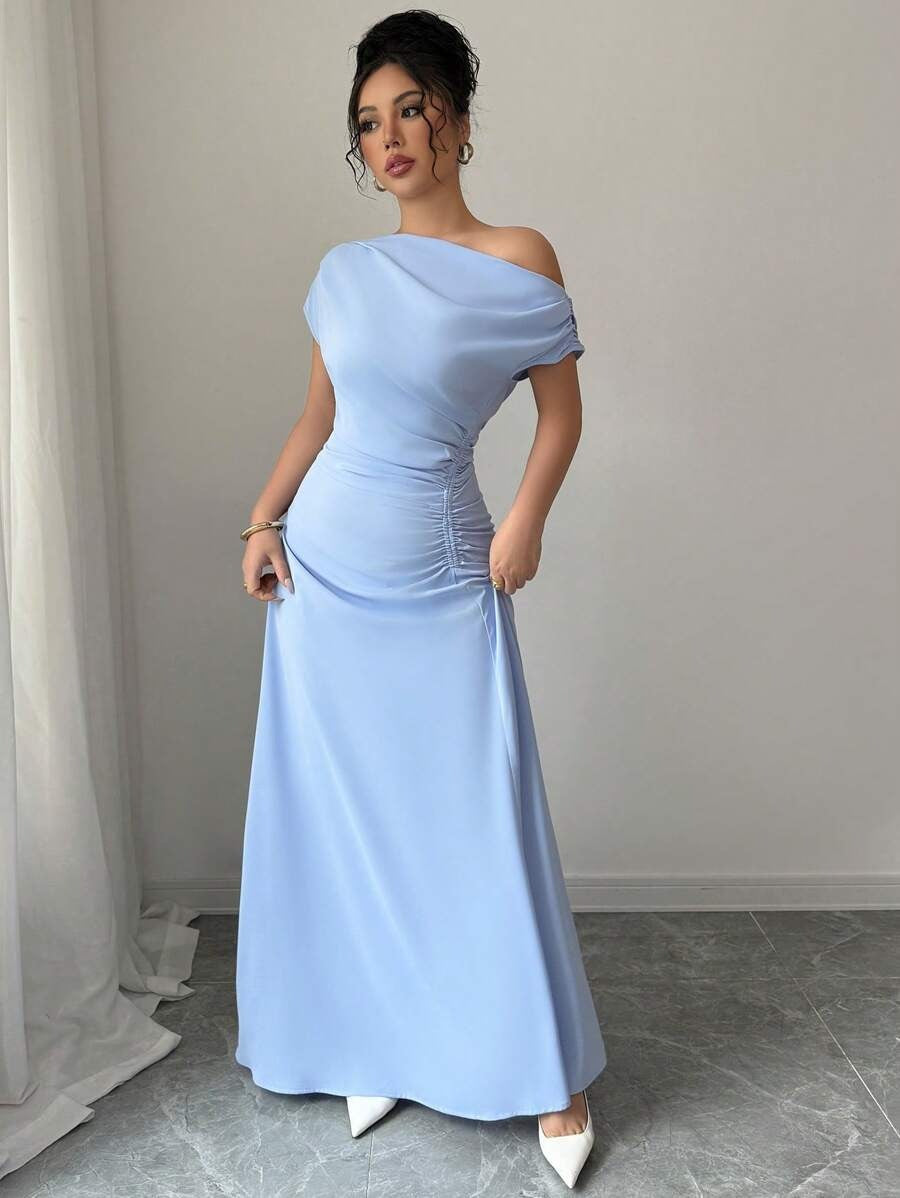 SHEIN Elenzga فستان أنيق بلون أزرق هادي بخصر مطوي