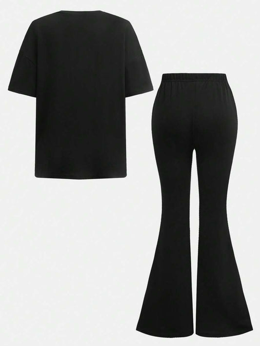 SHEIN EZwear طقم كاجوال تي شيرت قصير الأكمام و بنطلون طويل لون أسود