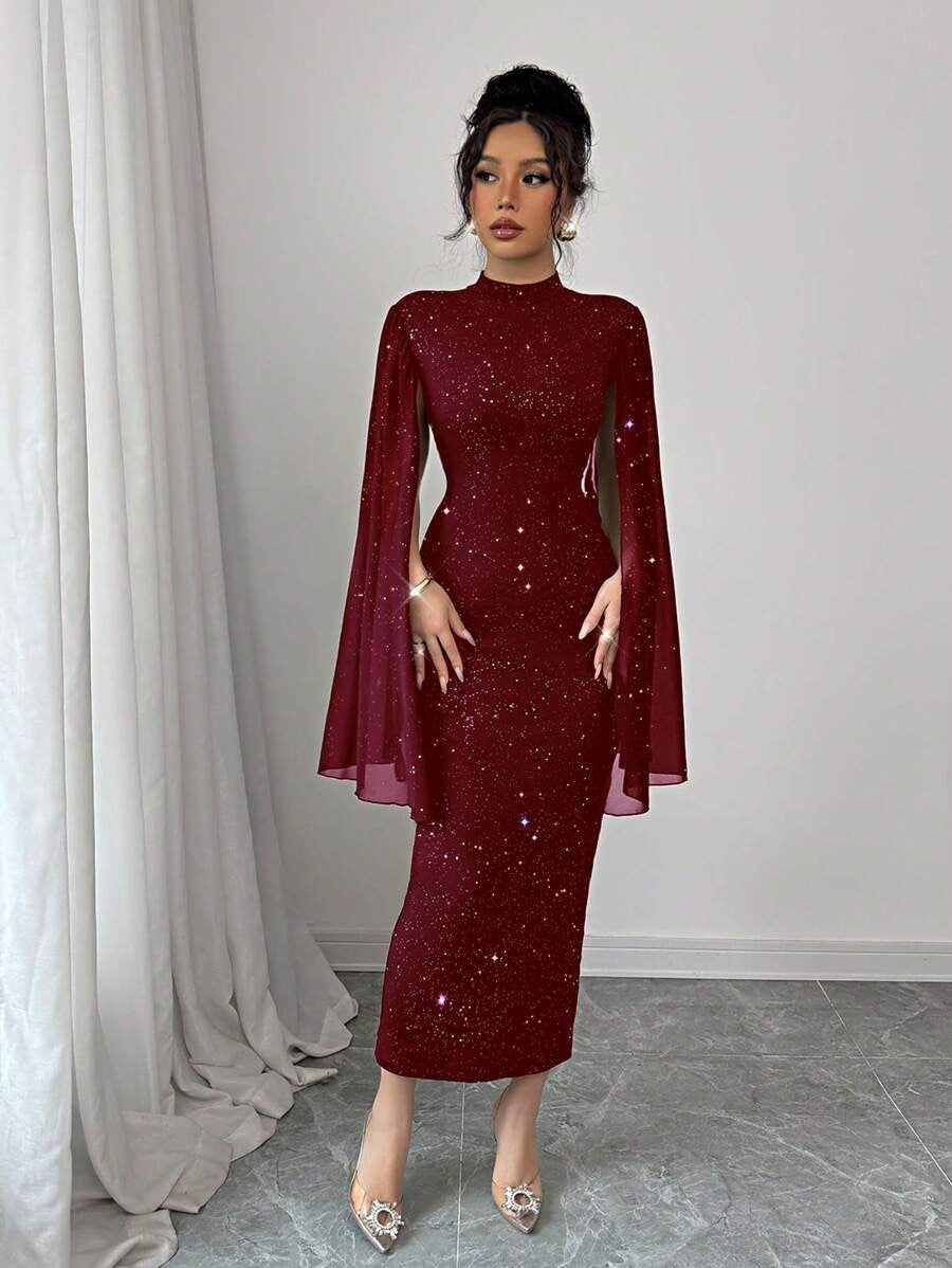 SHEIN Elenzga فستان أحمر ضيق مع شال منسدل من الكتف