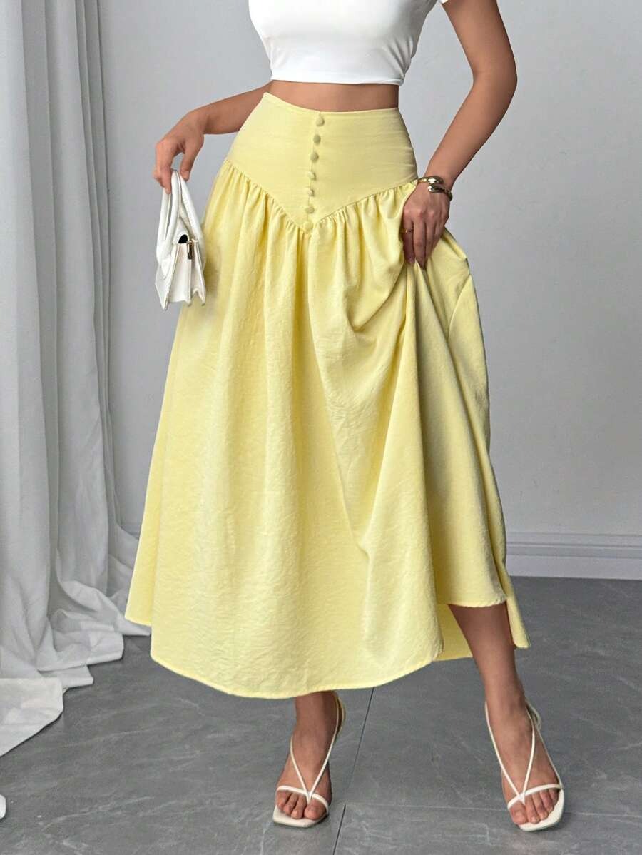 SHEIN تنورة كتان أصفر زبدة بستايل بوهيمي ناعم