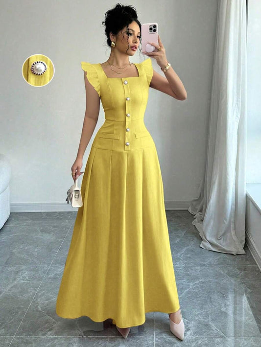SHEIN Elenzga  فستان صيفي طويل بلون أصفر و أزرار أمامية و كتف فراشة