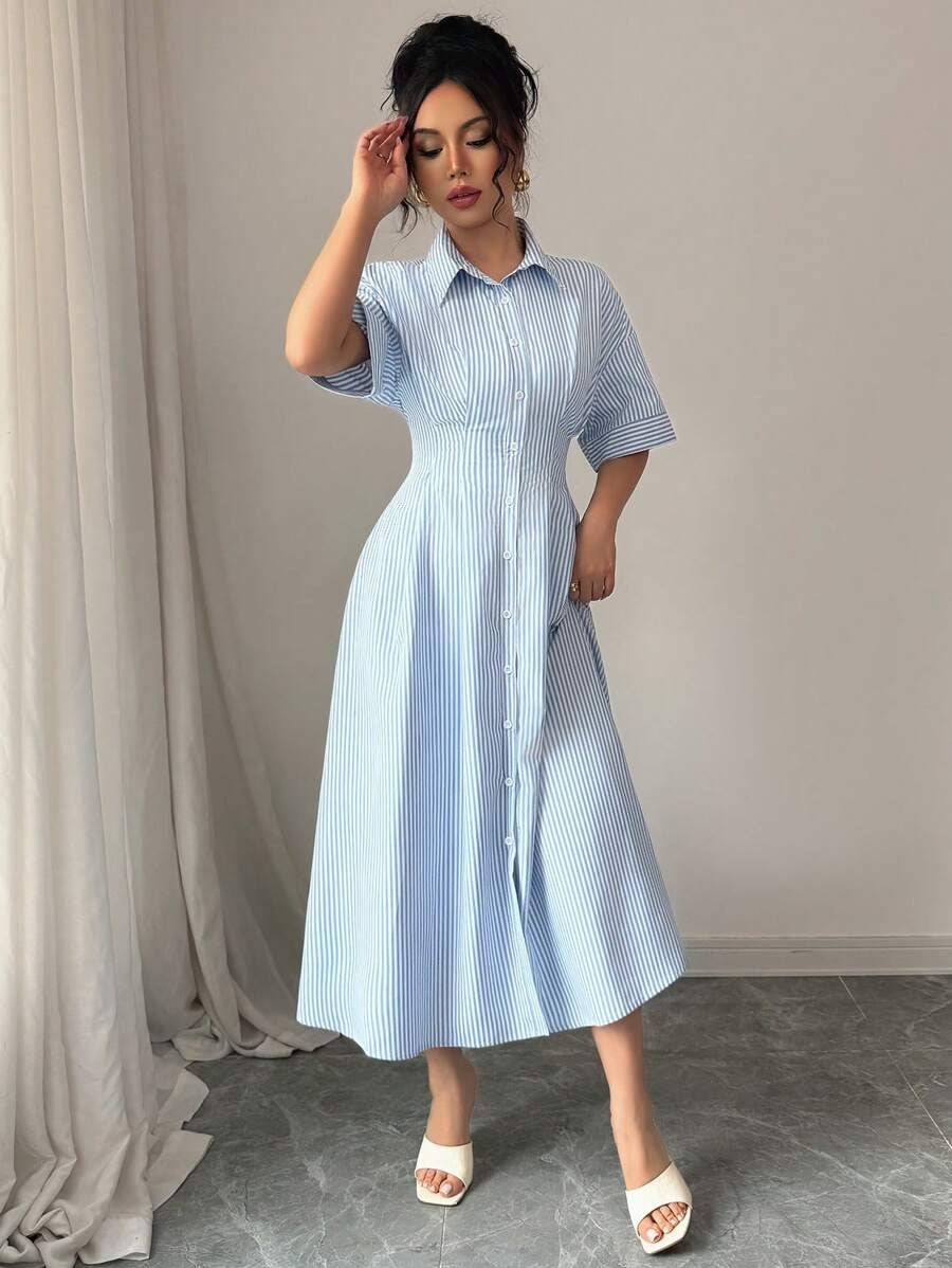 SHEIN فستان قميص أزرق بخطوط وياقة ورباط خصر