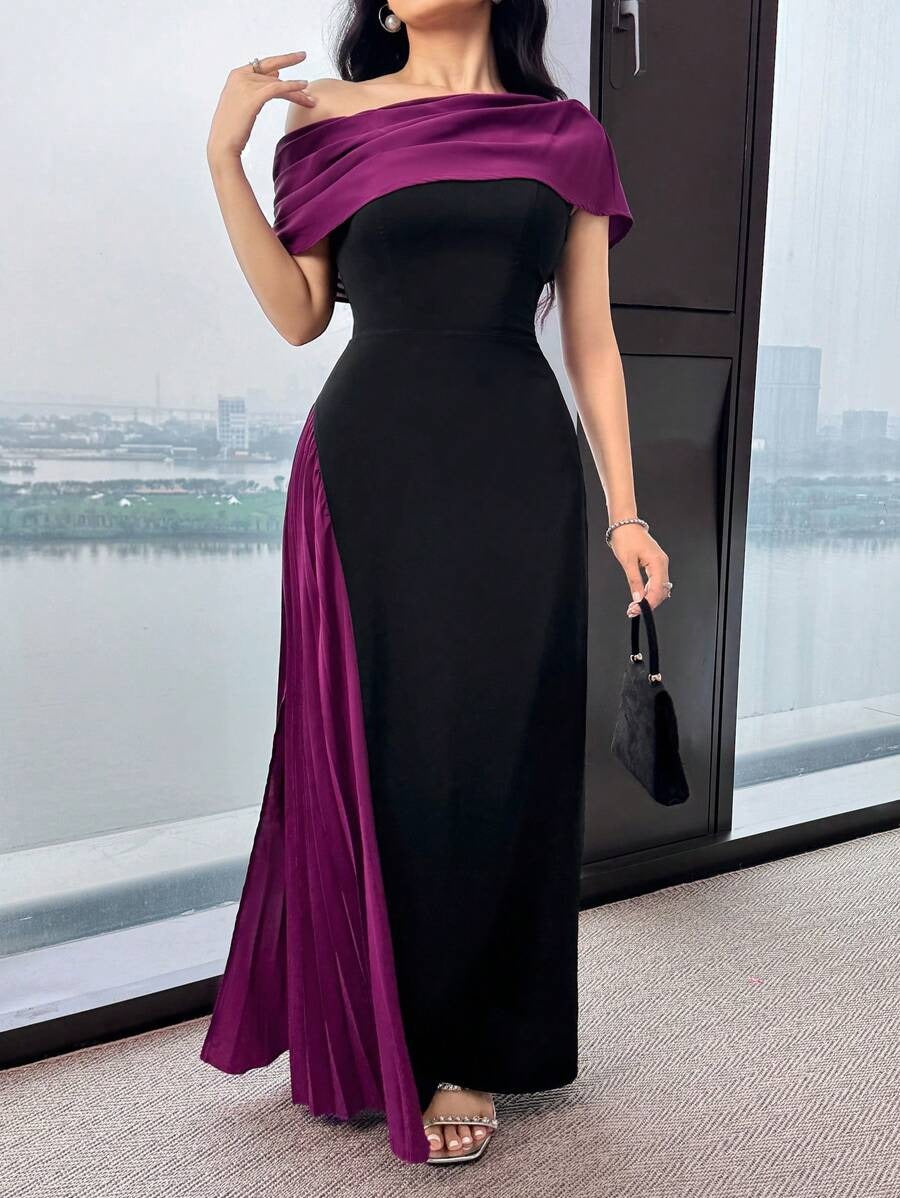 SHEIN Feyla فستان طويل أنيق مطوي بكتف غير متماثل