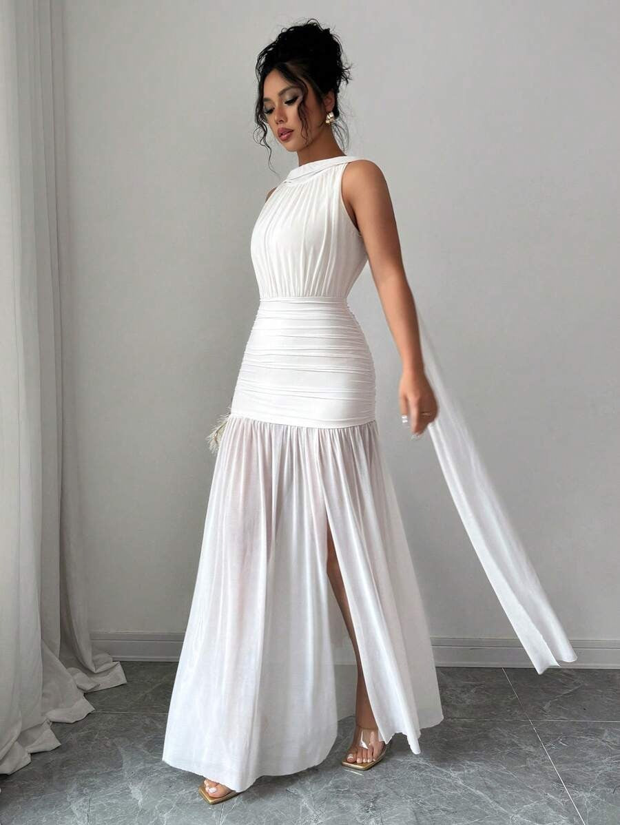 SHEIN Elenzga فستان طويل مشمشي بدون أكمام