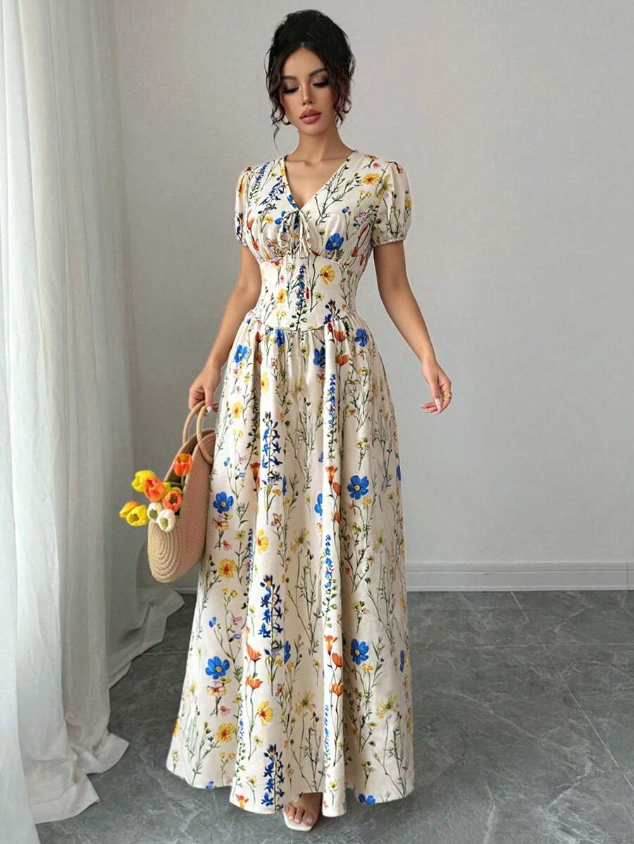 SHEIN Elenzga فستان ماكسي بنقشة زهرية وأكمام منتفخة