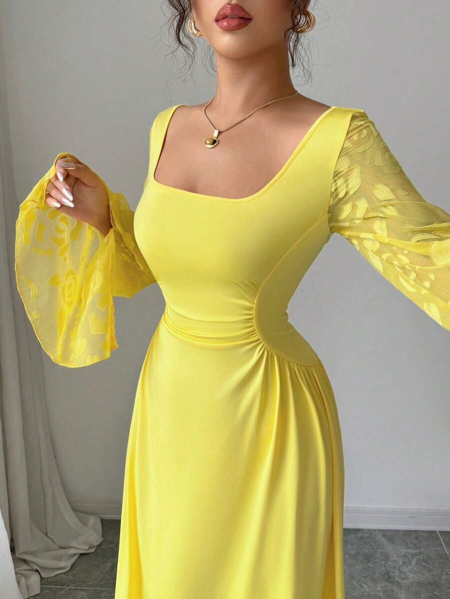 SHEIN Elenzga فستان أصفر بياقة مربعة وأكمام طويلة