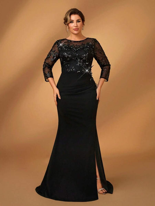 SHEIN Serin  فستان سهرة أسود طويل  دانتيل راقي