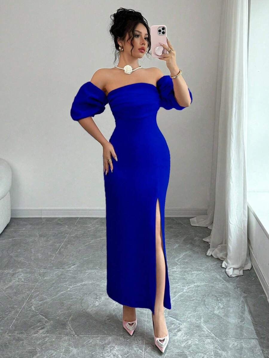 SHEIN Elenzga فستان سهرة  أنيق يكشف الكتف باللون الأزرق