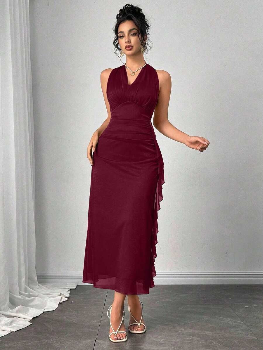 SHEIN Modelyn  فستان عنابي بدون أكمام