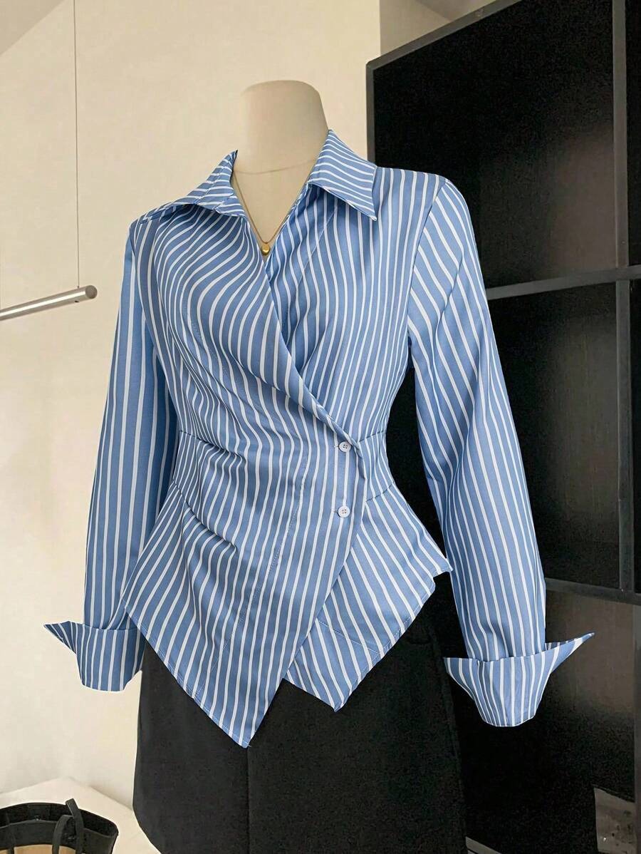 SHEIN Franclia بلوزة نسائية طويلة الأكمام بخطوط تنحّف الخصر
