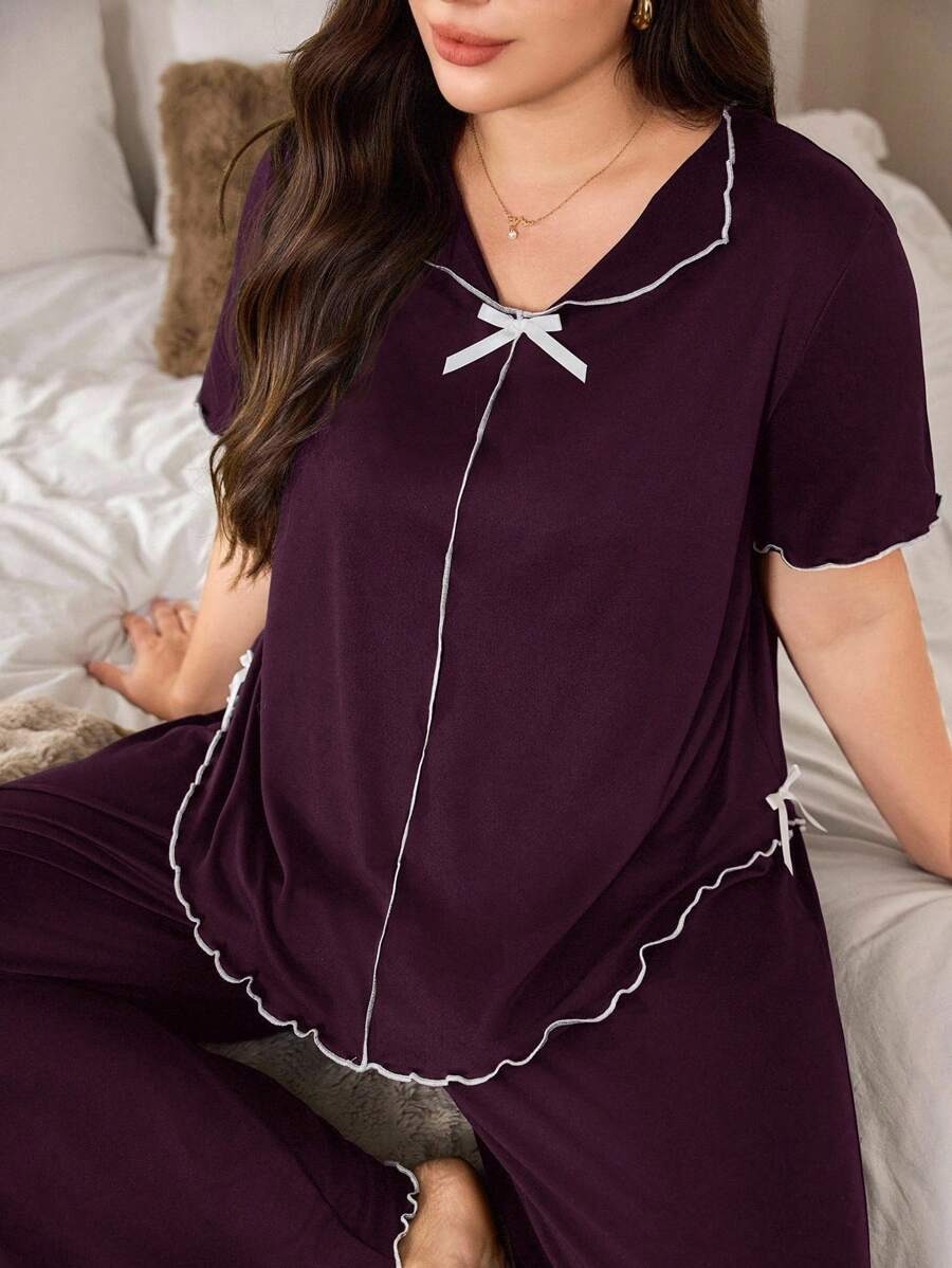 SHEIN Doze Lane طقم بيجامة ارجواني بياقة وفيونكة