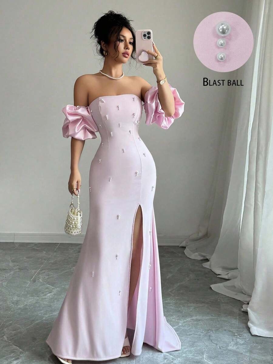 SHEIN فستان فرنسي وردي مزين بخرز و أكمام منفوخة
