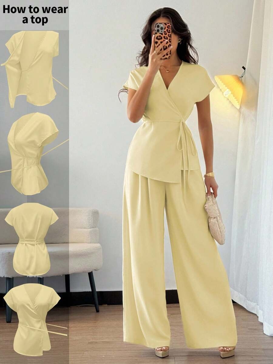 SHEIN Elenzga طقم أنيق من قطعتين، بلوزة و بنطلون لون أصفر
